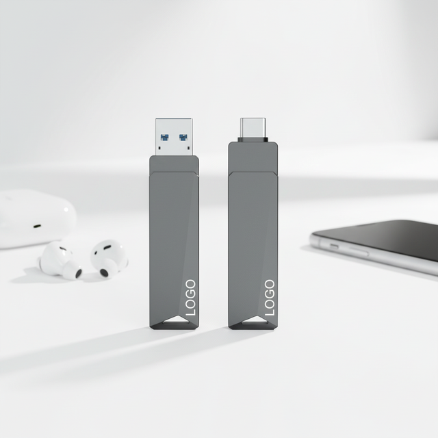 New Business Gift Dual Interface Metal USB Flash Drive 512GB USB 3.0 with Custom Logo Gray 80MB/s Read Speed 2-Year Warranty