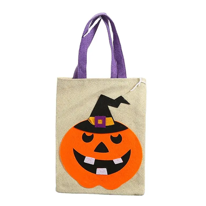 Tas Jinjing Permen Wajah Labu Trik atau Suguhan Tas Bulu Kempa dengan Pegangan untuk Pesta Kostum Halloween Anak-anak