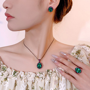 Conjuntos de Joyería de Cobre Ecológicos y Elegantes para Mujer, con Circonita Verde de 12*16mm, Baño de Oro Negro, Estilo Vintage, Conjunto a Juego para Boda - Product Image 2