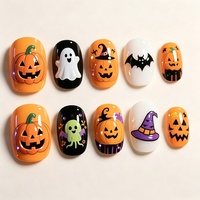 Faux ongles à presser Halloween – Autocollants fantaisie pour ongles, motifs fantômes, citrouilles, lanternes, chauves-souris, crânes – Ongles portables tendance