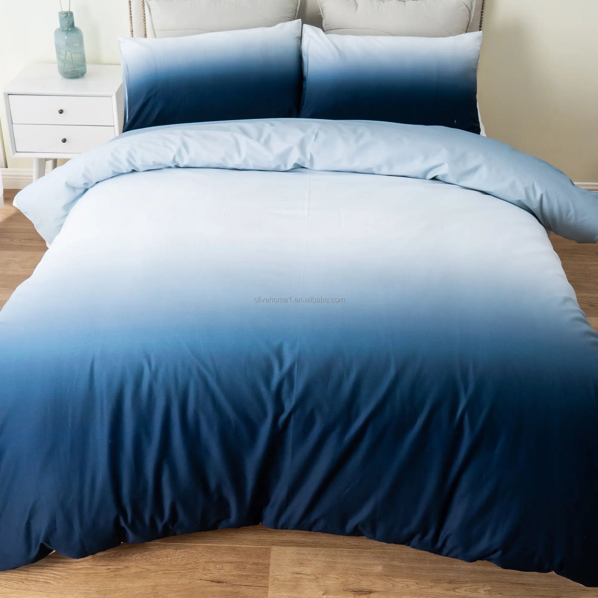 Colcha de edredom 100% algodão para quarto com gradiente azul branco, colcha e colcha, conjunto de cama com fronha, 2 peças