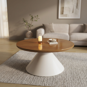 Modern <b>Round</b> Wood Coffee <b>Table</b> Midcentury Design <b>White</b> Base Living Room Furniture - Product Image 4