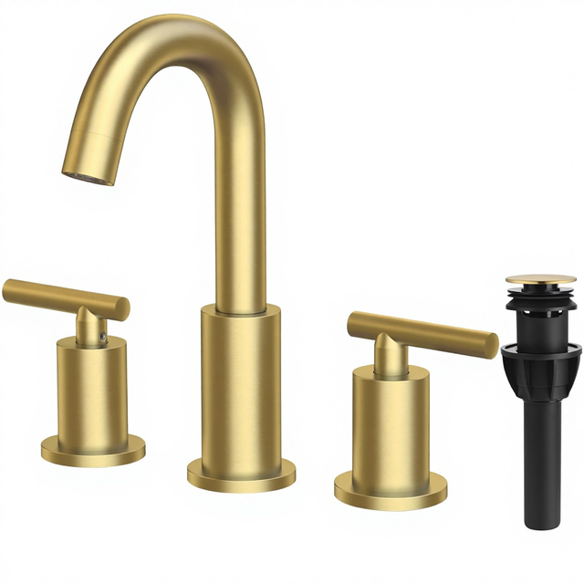 2-Handle 3-Hole Brushed Gold 8-Inch Widespread Brass Bathroom Vanity Sink Faucet 360 Swivel Spout Pop-Up Drain CUPC