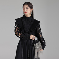 Chemise longue en coton pour femme, collection Printemps Précoce, avec broderie française unique et design ajouré, col montant ajusté et boutons