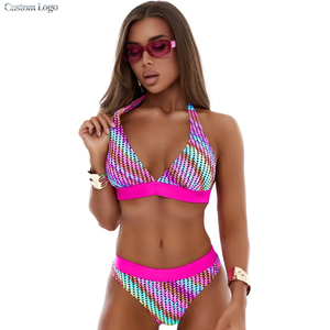 Trajes de Baño al por Mayor con Logotipo Personalizado para Mujer, Conjuntos de <span class=keywords><strong>Bikini</strong></span> de Cintura Alta, Trajes de Baño a Rayas con Control de Abdomen, Traje de Baño de Dos Piezas con Bloques de Color - Product Image 1