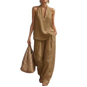 Women's Casual <b>Linen</b> Suit <b>Set</b> V-Neck Top Wide Leg Pants Solid Color SMLXLXXL3XL4XL5XL Europe America Style - Product Image 5