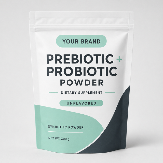 B2B Wholesale Prebiotic + Probiotic Powder 300g Unflavored Supplement in Custom Jar Pouch or Retail Box