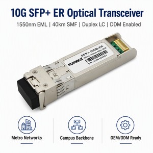 Transceptor SFP+ ER de 10G, Monomodo, 1550nm, 40km, Dúplex LC, DDM, para Estación Base Rural, Línea de Alquiler Punto a Punto Metropolitana - Product Image 1