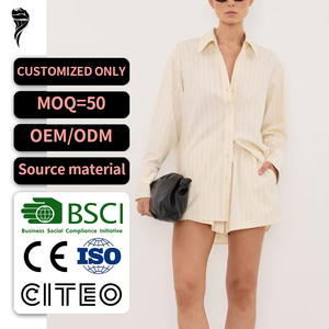 New Fall Design 100% <b>Linen</b> Two-Piece <b>Set</b> Casual Loose <b>Linen</b> Shirt Elastic Waist <b>Linen</b> A-Line Short Stripe <b>Linen</b> <b>Set</b> - Product Image 1