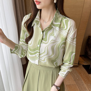 Chemise à manches longues pour femme de haute qualité, couleur verte fraîche, imprimé ondulé, élégante, chemise de bureau pour femme - Product Image 2