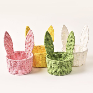 Panier en corde de papier tressé en forme d'oreilles de lapin, vert, jaune, rose, blanc, fait main, décoration de Pâques, panier de rangement - Product Image 3