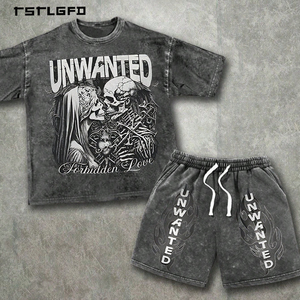 Custom Summer Casual 2 Piece <b>Set</b> Mens Distressed Tracksuits High Quality 100% Cotton Acid Wash Vintage T Shirts and Shorts <b>Set</b> - Product Image 1