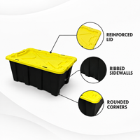 Boîte de rangement en PP de 37 L avec couvercle jaune, sac de transport en plastique noir empilable, organisateur pour garage, maison, entrepôt