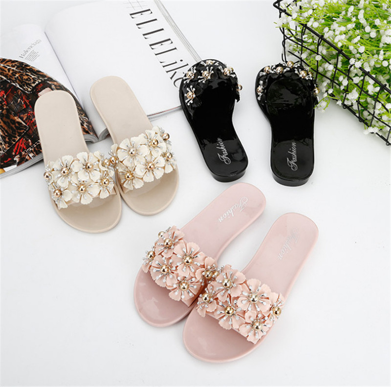 New Flower Pearl Slippers Women Anti-slip PVC Sandals Slipper Beach Slides Custom Logo