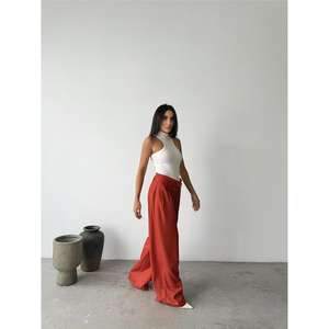 PALAZZO Pantalon cargo classique en toile, coupe palazzo évasée, respirant, taille mi-haute, couleur terre cuite, avec ceinture et fermeture élastique à la taille - Product Image 6