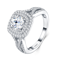 Bague en argent sterling S925 avec moissanite 1 carat, double halo, taille coussin, tige fendue, taille brillant rond, pour femme
