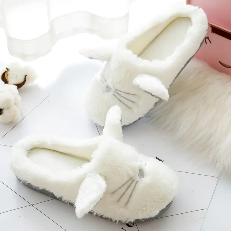Cute Animal Cat Rabbit Custom Logo Fluffy Furry Fur Soft Cozy Sleepers Home Slippers for Women