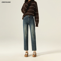 Jeans droits en denim d'hiver taille haute amincissants à quatre sens extensibles lavés à la nano, pantalon cigarette vintage bleu pour femmes