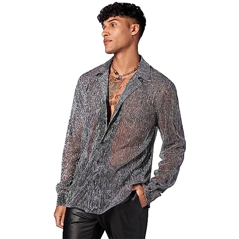Men's Sheer Mesh See through Glitter Button Shirt for Party