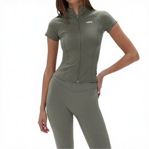 High Quality <b>Women</b> Solid Breathable Zipper Front Yoga <b>Jacket</b> and Leggings Two Piece Seamless Fitness Workout Set - Product Image 3