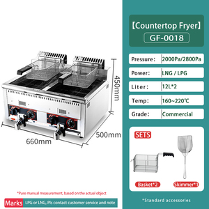 業務用プロ用フライヤー 二槽式ガスフライヤー レストラン向け 2x12L カウンタートップ型 商用プロパンガス ディープフライヤー ポテトチップス用 - Product Image 3