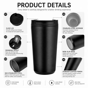 Vaso de Café Reutilizable con Aislamiento al Vacío de Acero Inoxidable 304 de 380 ml con Logotipo Personalizado, Taza de Viaje para Café, Vaso Antiderrames - Product Image 2
