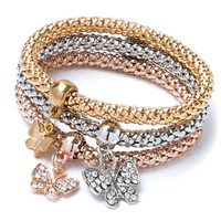 Lot 3 Couleurs Bracelets Élastiques pour Femmes Arbre Vie Cristal Hibou Clé Serrure Note De Musique Papillon Coeur Charme Bracelet À La Mode