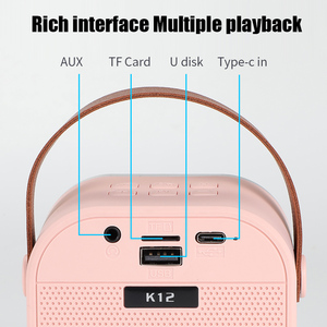 K12 Speaker Mini portabel, pengeras suara Karaoke nirkabel semua dalam satu dengan 2 mesin mikrofon dinamis untuk pesta rumah KTV bernyanyi - Product Image 5