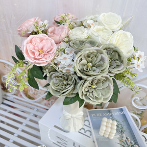 Bouquet de roses artificielles en soie Queyiyi, 9 têtes de hibiscus, style nordique, décoration d'intérieur, accessoires de mariage - Product Image 2