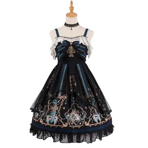 Gril Kostuums Jurk Bescheiden Jurken Classic Jsk Elegante Print Vrouwen Lange Goth Lolita Jurk