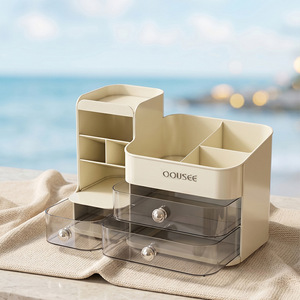 Cosmetic Storage <b>Box</b> With Drawers Creamy White Acrylic <b>Makeup</b> Organizer Tabletop Skincare Compartment Shelf - Product Image 2