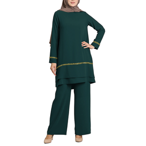 Custom Islamic Ladies Casual Outfit Long Sleeve <b>Sequin</b> Tunic Tops Wide Leg <b>Pants</b> Set Loose Abaya Hijab Muslim Women's Clothing - Product Image 2