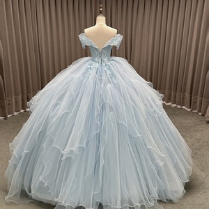 Abito da ballo blu cielo Hot Skly per Quinceañera, con scollo a cuore, perline e fiori 3D, lungo fino al pavimento, Vestidos De 15, in pizzo - Product Image 4