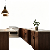 Armoires de cuisine en bois foncé, portes style Shaker, quincaillerie noire mate, armoires de cuisine modulaires classiques sur mesure, plan de travail en pierre blanche