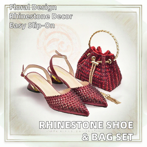 Chaussures de mariée florales grande taille pour femmes, à bout pointu avec strass, à enfiler, et ensemble sac à main seau assorti - Product Image 3