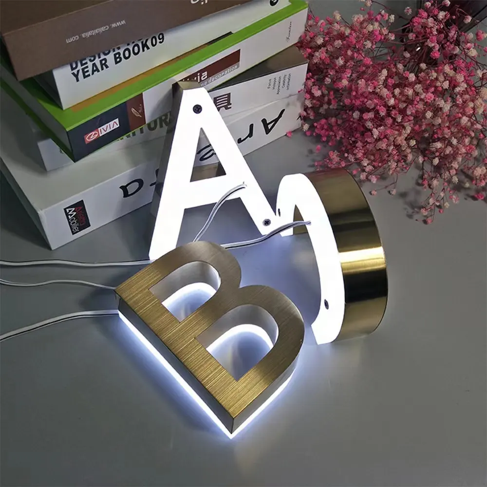 금속 브랜드 편지 로고 기호 회사 레이저 컷 편지 골드 3d 사용자 정의 로고 금속 기호