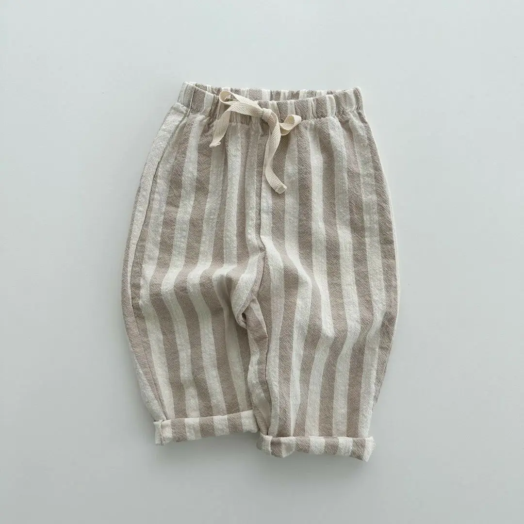 Брюки 2024 для мальчиков и девочек, новые хлопковые Повседневные детские свободные длинные брюки в полоску, Детская летняя одежда