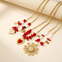 Collier en acier inoxydable plaqué or 18 carats avec pendentif en corail rouge et perle d'eau douce, chaîne à maillons en forme de cœur pour femmes