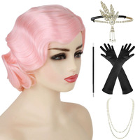 Ensemble de costume Flapper des années 1920, style Great Gatsby, avec perruque bob noire à ondulations fines, accessoires vintage pour femme avec feuilles et strass, kit rétro