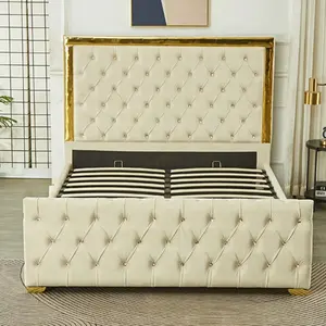 Golden Turfed Diamond Crystal Bedhead Modern Style Wooden Frame Gas Lift Ottoman Upholstered Storage Bed Frame