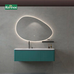 Contemporary Wall Mounted Bathroom Vanities With Dimmable <b>Irregular</b> Led <b>Mirror</b> Teal Green Cabinet - Product Image 1