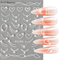 Autocollants 5D en relief pour ongles, motifs perles, breloques de manucure, décalcomanies, sliders, fleurs blanches, lignes françaises, cœurs d'amour