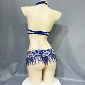 Costume de danse du ventre pour femmes en polyester avec perles et cristaux, ensemble 2 pièces, soutien-gorge et ceinture, carnaval, sexy, danse du ventre, en stock - Product Image 2
