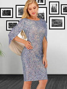 Robe de soirée élégante tropicale à épaules dénudées, coupe trapèze, bleue, ornée de paillettes et de pompons, longueur thé, taille basse, écologique - Product Image 3