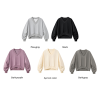 Sweat-shirt court pour femme à col en V, manches longues bouffantes style lanterne, froncé, décontracté, coupe carrée, rétro, élégant et chic