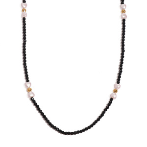 Heart Shape Pearl Necklace Black Crystal Beads Gold Accents Everyday Wear Unisex Jewelry - Product Image 1