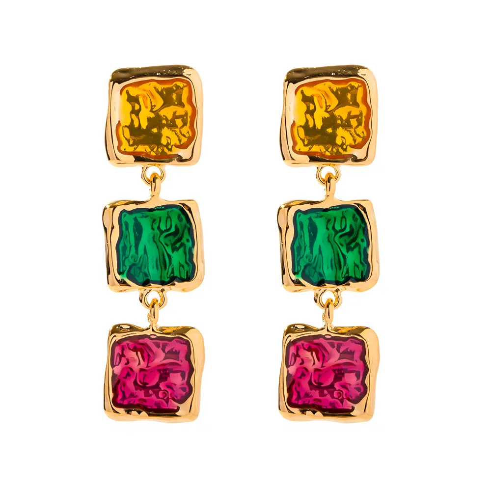 Vintage Jewelry 18K Real Gold Plated Brass Square Texture Three Color Enamel Stone Drop Earring