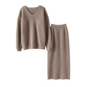 Fall Winter <strong>Woman</strong> Knit Sweater V-neck Pullover <strong>Jumper</strong> and Long Skirt Girls 2 Piece Set Wool Cashmere <strong>Warm</strong> Wholesale Twinset - Product Image 2