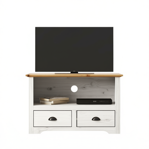Meuble TV en bois de pin massif blanc et brun 50-54 pouces avec rangement, style rustique pour salon - Product Image 1