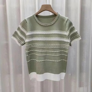 Nuovo stile coreano t-shirt lavorata a righe da donna manica corta girocollo maglieria estiva Pullover da ragazza maglione Casual top maglieria - Product Image 5
